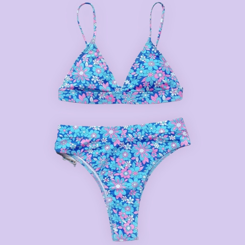 Blue Pink Boho Floral High Waist Lined Cheeky Bikini New - Picture 2 of 16